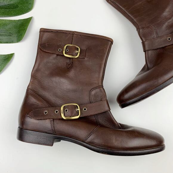 Ugg Frances Short Ankle Boots Brown Leather Pull On Buckles Women's 7.5 - Picture 1 of 10
